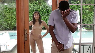 Horny stepdad watches his funereal stepdaughter masturbating by the pool