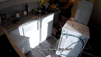 Horny wife seduces a plumber in the kitchen while her husband at work.