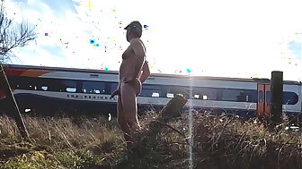 Dick Flash in Public. Flashing the train totally naked and cumming as it passes! Exhibitionist!